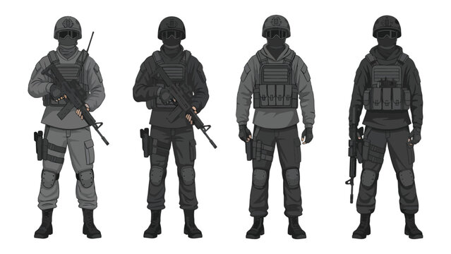 Set of four armed soldiers or special forces operatives in tactical gear and helmets, holding rifles, on a white background, representing military and law enforcement personnel.