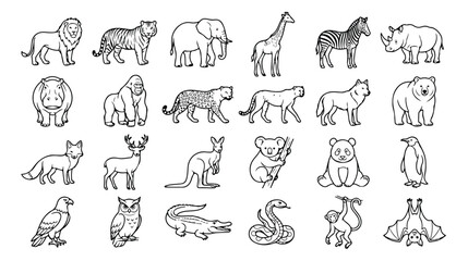 Fototapeta premium Animals Line Art Vector Megaset - Complete Collection of Wild, Ocean, Farm & Domestic Creatures Outline Bundle for Coloring Book, Educational Activities, Creative Design