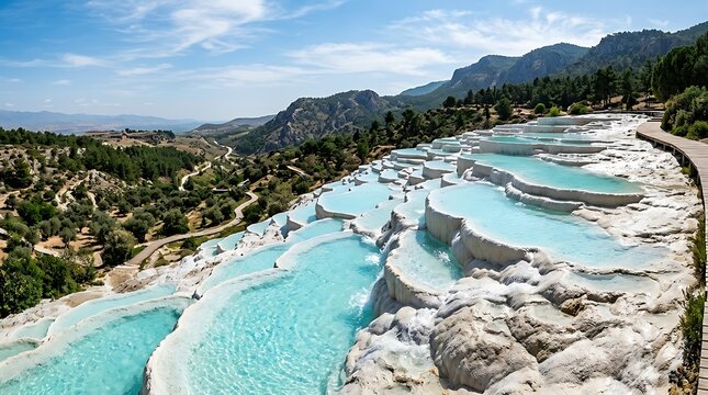Panoramic view of the spectacular white travertine terraces and turquoise thermal pools of Pamukkale in Turkey on a bright sunny day