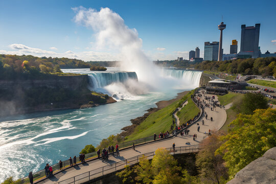 Scenic view of Niagara Falls Horseshoe Falls with city skyline and park walkway on a sunny summer day in Ontario Canada for tourism and travel markets