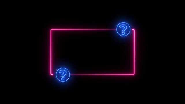 Neon glowing frame with animated question marks, abstract digital border for faq and quiz presentations, vibrant pink and blue light overlay on black background