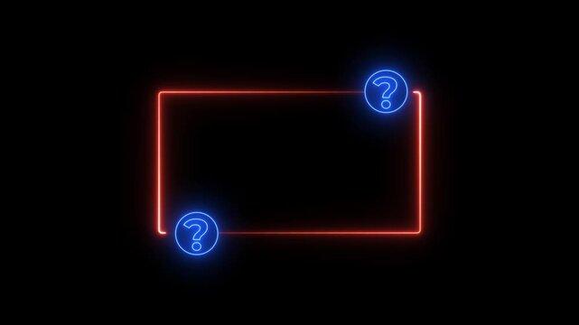 Neon red rectangular frame with pulsing blue question mark on black background, for faq and, problem solving concepts