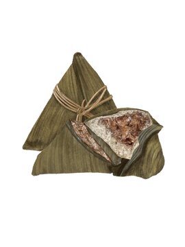 Sticky rice dumpling wrapped in leaf with savory filling graphic Bacang
