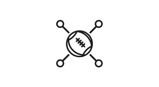 A simple line drawing of a baseball with stitching and four connected lines.