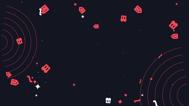 Black Friday background animation with red price tags, shopping gift boxes, stars, and abstract lines floating on a dark backdrop, perfect commercial template with central copy space