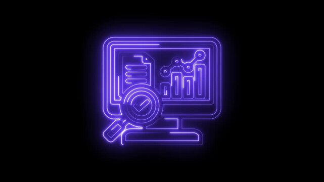 Neon glowing analytics dashboard with magnifying glass and checkmark icon representing data