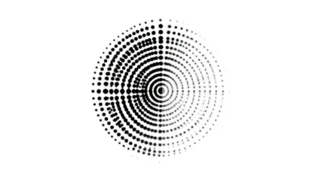 Black halftone dot pattern circle on white background.