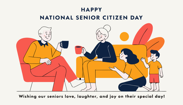 National Senior Citizen Day, senior citizens, family, love, laughter, joy, greeting card, illustration