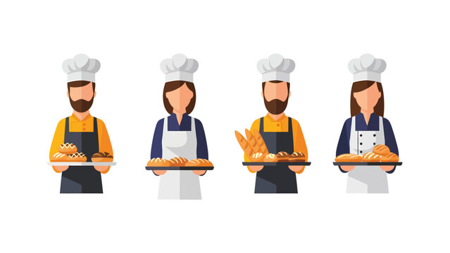 Set of male and female bakers holding trays with fresh bread and pastries, vector illustration.