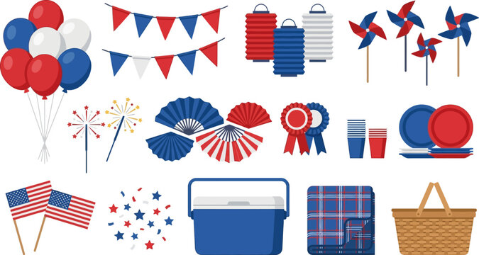 Patriotic party collection includes an assortment of balloons, paper lanterns, handheld pinwheels, sparklers, fans, and picnic essentials isolated on a clean background.