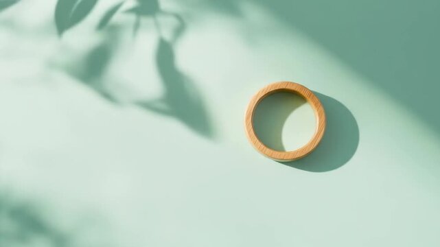 Wooden ring on pastel surface with leaf shadows decorative composition