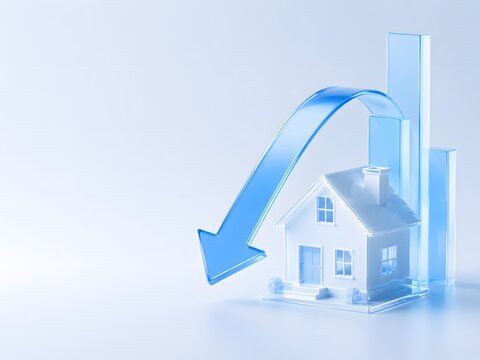 White house icon with a downward blue arrow representing falling real estate market, 3D illustration