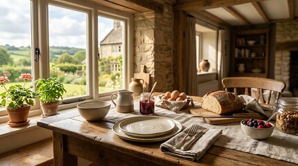 Fototapeta premium Rustic breakfast table set with fresh bread and fruit near a sunny window in a traditional countryside stone cottage home