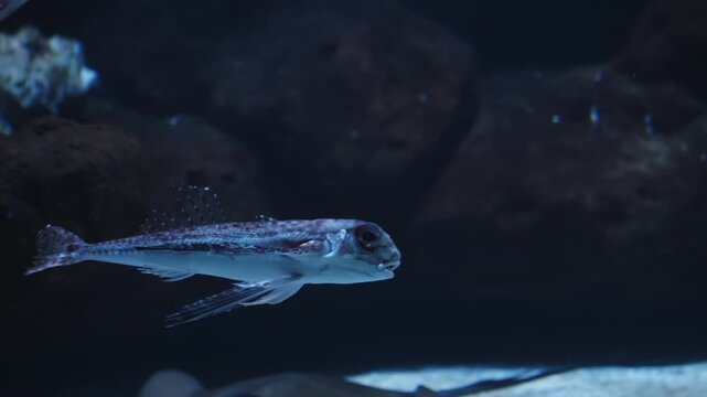 Flying gurnard, Dactylopterus volitans swimming underwater in a dark blue sea environment