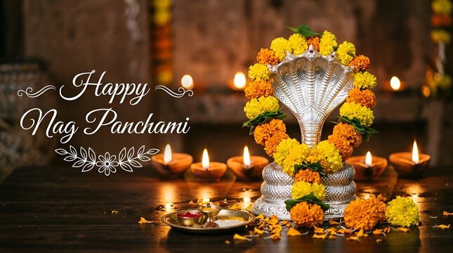 Metallic five-headed snake idol with marigold flowers for Nag Panchami festival, Hindu religious celebration, traditional spiritual worship and prayer