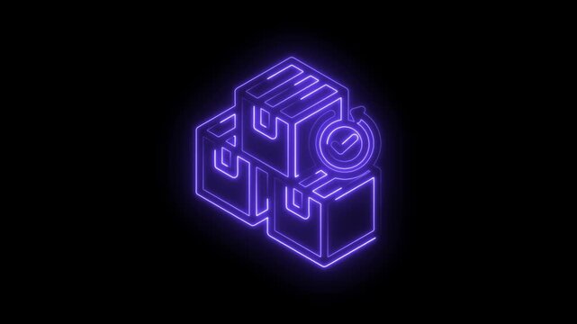 Neon glowing isometric boxes with checkmark symbol representing logistics delivery and icon