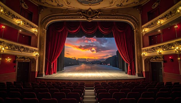 A majestic theater stage with red curtains and a serene sunset backdrop