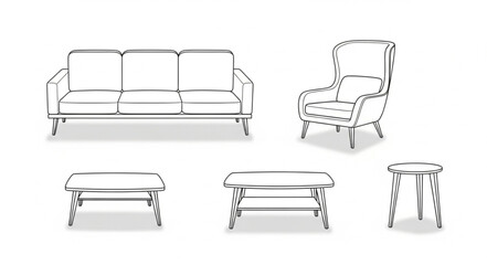 Fototapeta premium Sketch of a sofa armchair and coffee tables.