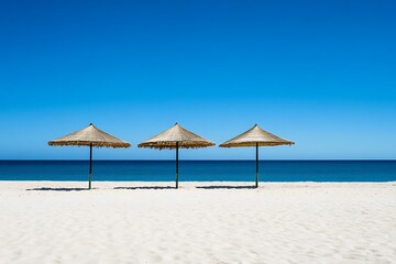 Fototapeta premium Tropical beach with colorful umbrellas on sandy shore by the ocean under a sunny sky