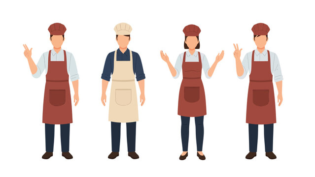 Set of four cartoon characters depicting chefs and bakers in uniform, including aprons and hats, gesturing with their hands.