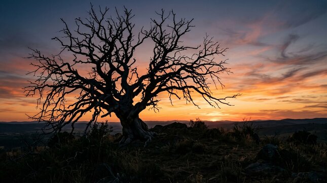 Leafless tree silhouette on hill at sunset with colorful sky