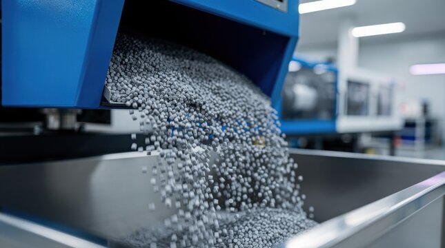 Blue machine pouring small gray plastic pellets into a metal container in a clean industrial setting.