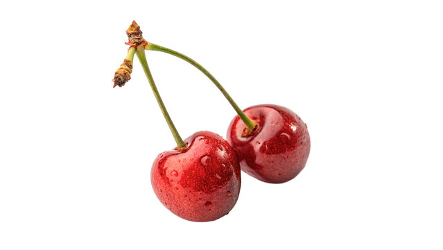 Two fresh ripe red cherries with green stem isolated on a transparent background organic berry fruit