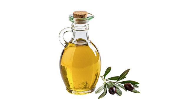 Glass bottle of organic olive oil with rosemary branch isolated on a transparent background product