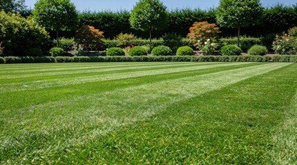 Obraz premium A neatly mowed lawn with striped grass patterns, bordered by various shrubs and trees under a clear sky.