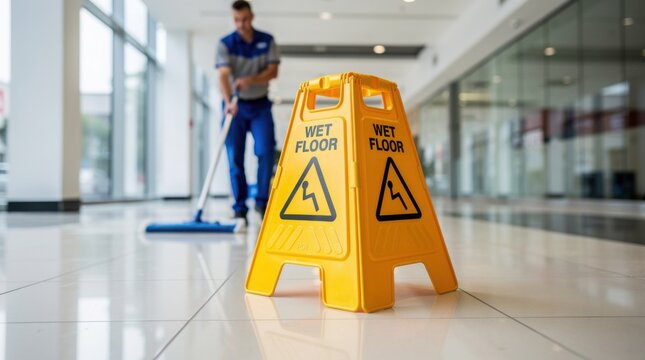 A janitor mops a shiny tiled floor in a modern building with a yellow "Wet Floor" caution sign in the foreground.
