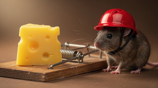 A mouse wearing a red safety helmet cautiously approaches a piece of cheese placed on a mousetrap.