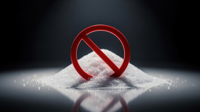 A pile of white sugar with a red prohibition sign indicating a sugar ban or restriction concept.