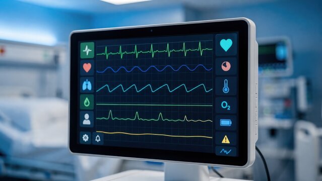 A hospital heart monitor displays vital signs including heart rate, oxygen levels, and temperature in a clinical setting.