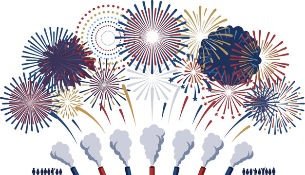 Fireworks explode in the night sky above a row of launchers in a celebratory display.