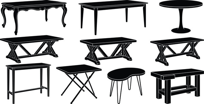 Silhouettes of diverse table designs including dining, folding, pedestal, and decorative styles