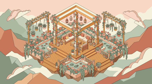 Isometric illustration of an ornate, floating pavilion adorned with plants and flowers, set against a surreal mountain landscape.
