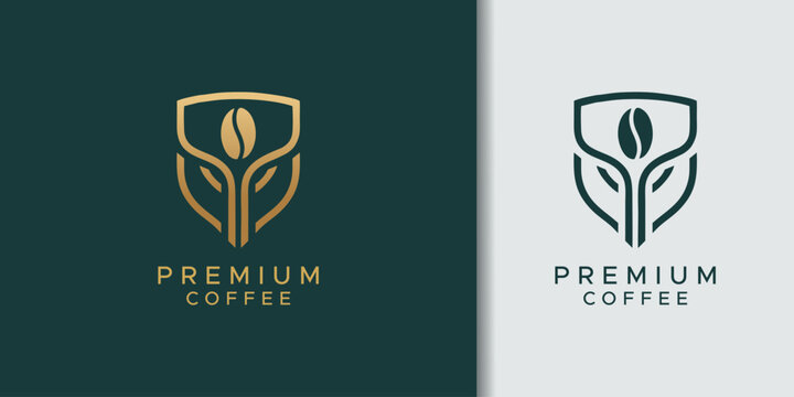 Two minimalist premium coffee logos featuring a stylized bean in a shield with leaf elements, one gold on dark green and one dark grey on light grey.