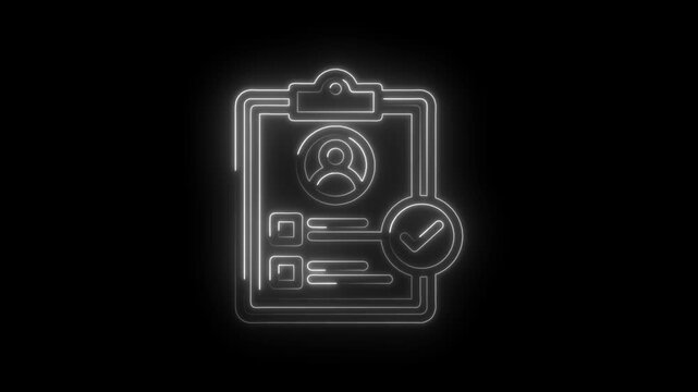Neon clipboard with profile icon and checkmark glowing on black background for user profile