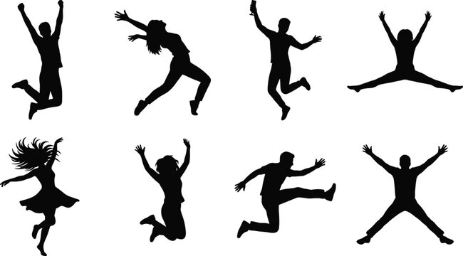 Silhouettes of people in dynamic jumping poses expressing energy, freedom, and excitement