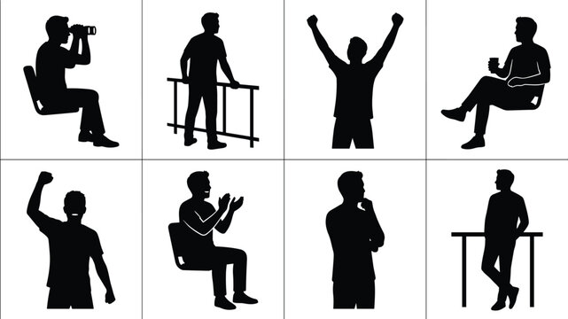 Silhouettes of people in expressive poses showing gestures, emotions, and everyday activities