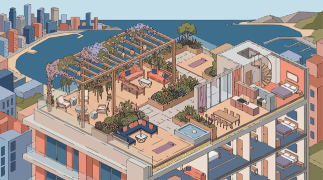 Isometric view of a luxurious penthouse apartment with a rooftop garden terrace and city skyline in the background.