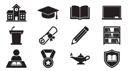 Education icons, school symbols, academic signs, learning graphics, 12 black vector icons © Rafiq
