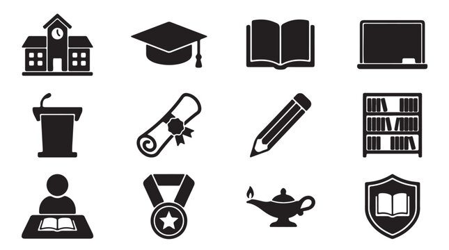 Education icons, school symbols, academic signs, learning graphics, 12 black vector icons