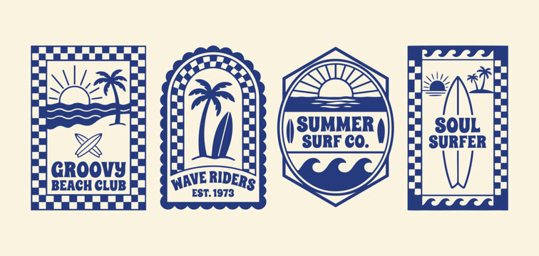 Retro summer surf badges and beach club emblems set. Beach club emblems featuring palm trees, sun, waves, and checkerboard patterns in a flat blue vector style for apparel or stickers.