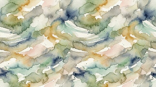 Watercolor seamless pattern with abstract waves, soft earthy tones background texture, artistic hand painted brush strokes for textile design