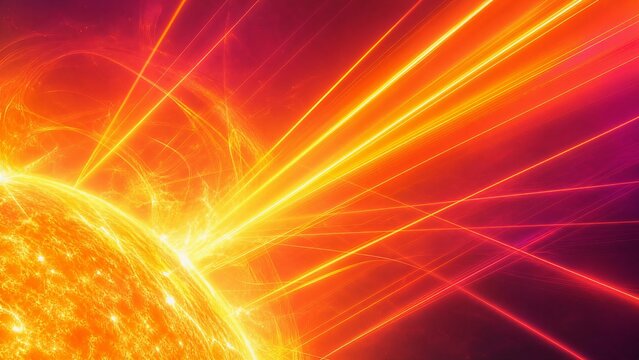 Minimalist and bold connectivity concept featuring a yellow and orange star's surface. Sharp laser-like bands slicing across a rich peach and warm magenta gradient background