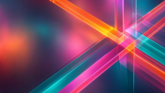 Abstract 3D render featuring wide straight bands of glowing orange, hot pink, and teal light beams intersecting at sharp angles. Fluent Design style with quantum splice dynamics