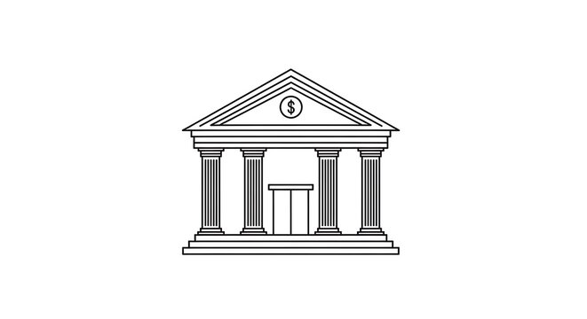 Simple line drawing of a bank building with columns and a dollar sign on the pediment