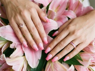 Fototapeta premium Closeup of a womans hands with pink ombre nails and elegant jewelry resting on a bouquet of fresh pink lilies