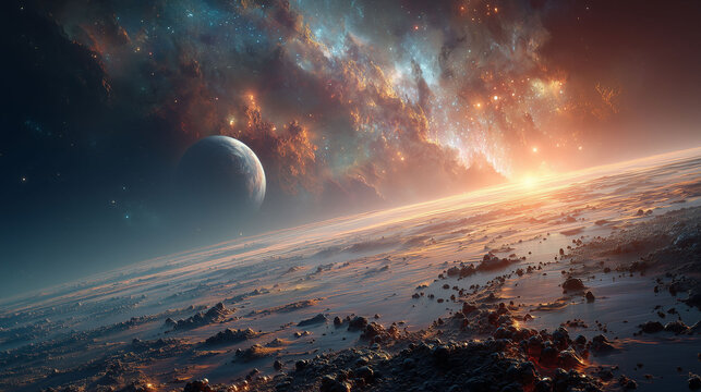 人類がまだ到達していない深宇宙に広がる壮観な銀河と惑星のファンタジックな風景